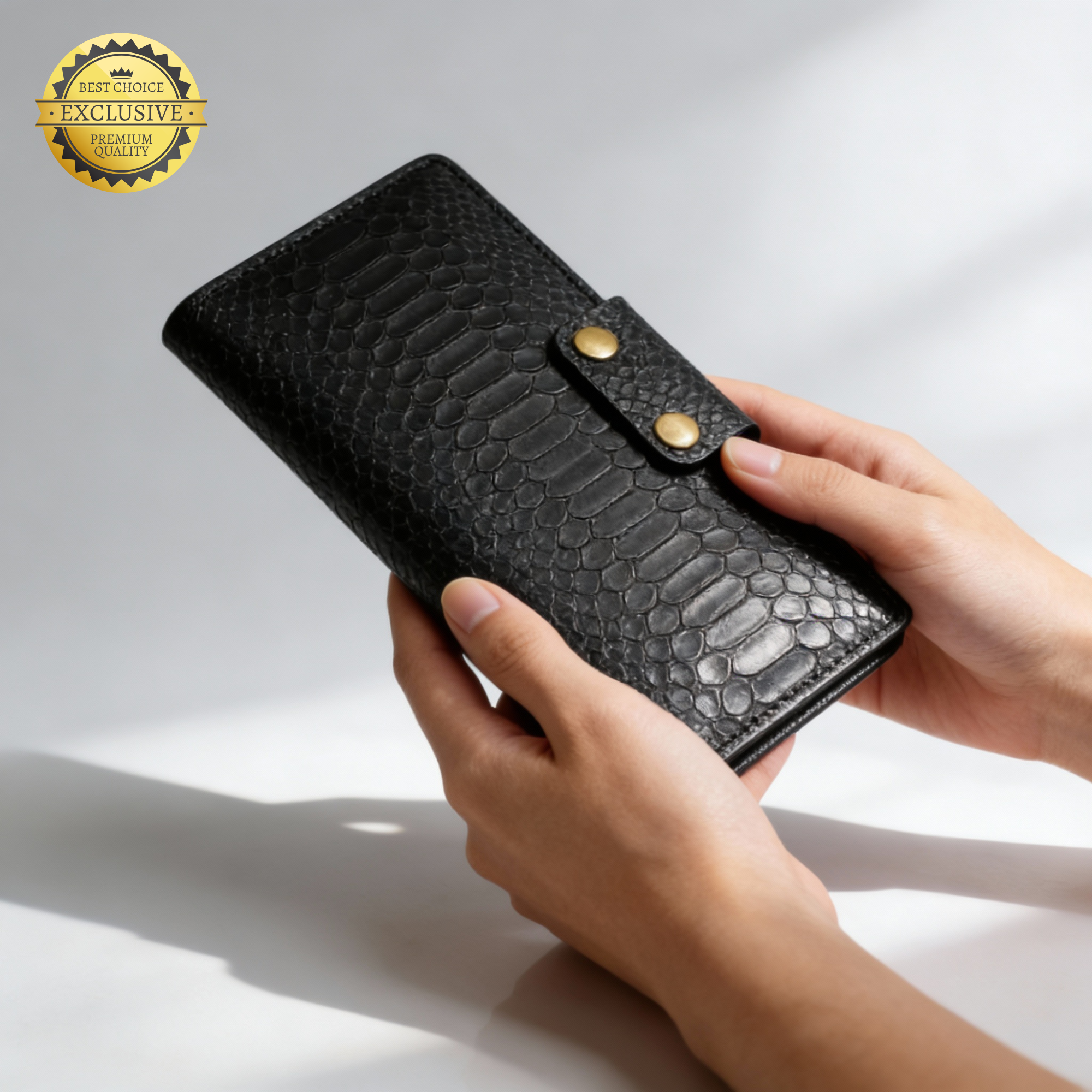 PORTFÖY Telefon Bölmeli Hakiki Deri Uzun Cüzdan - Yılan Desenli ve Çıtçıtlı