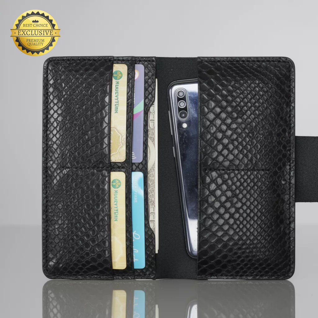 PORTFÖY Telefon Bölmeli Hakiki Deri Uzun Cüzdan - Yılan Desenli ve Çıtçıtlı