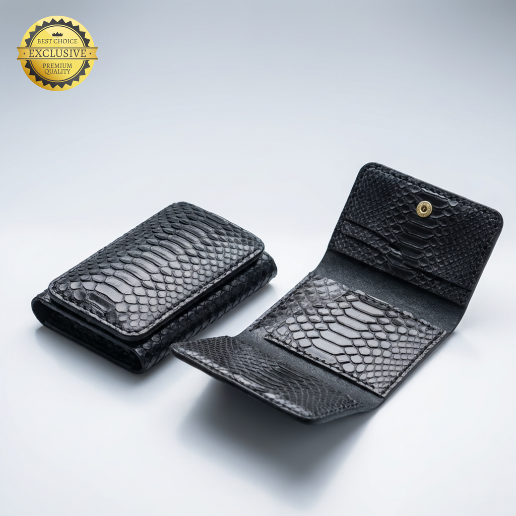 3 FOLD Yılan Derisi Baskılı İşlemeli El Yapımı Deri Cüzdan
