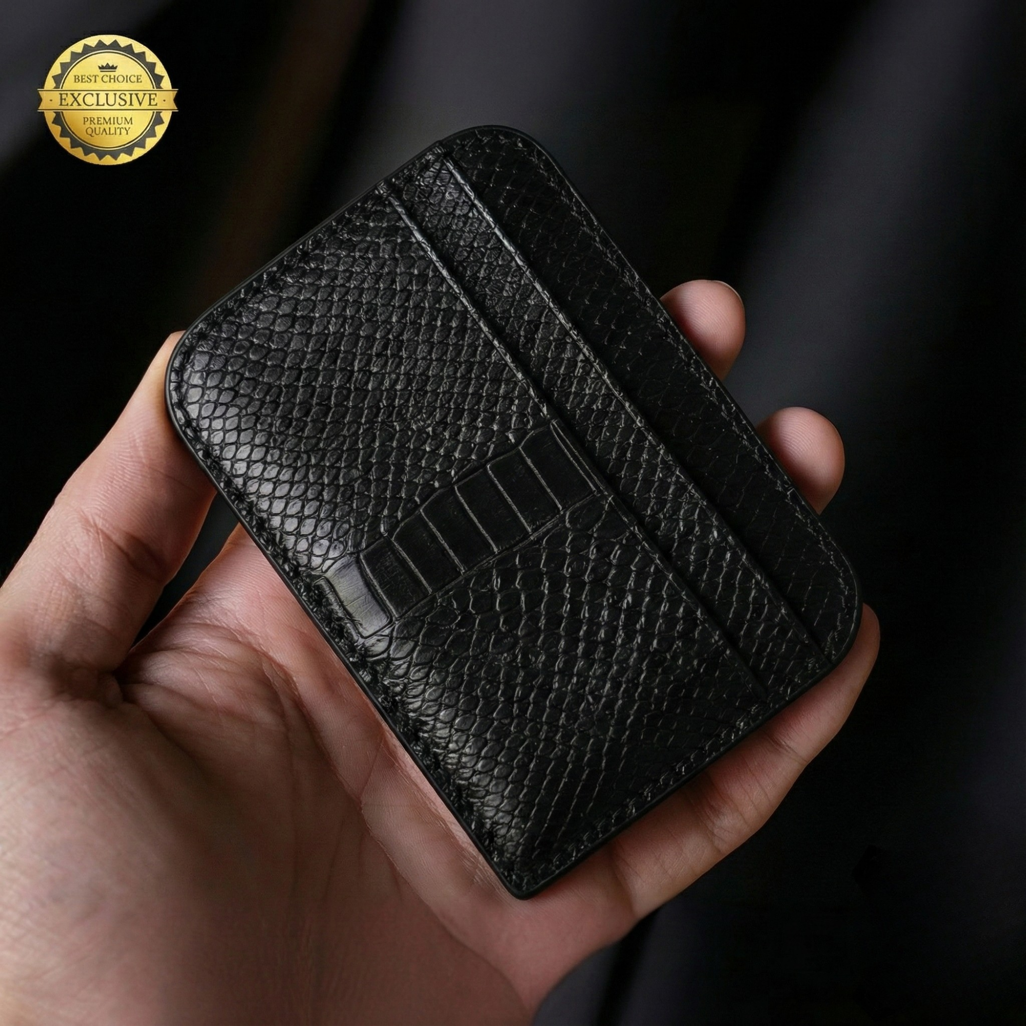 ALDER Hakiki Deri Siyah Kartlık - 5 Bölmeli Yılan Desenli Slim Cüzdan