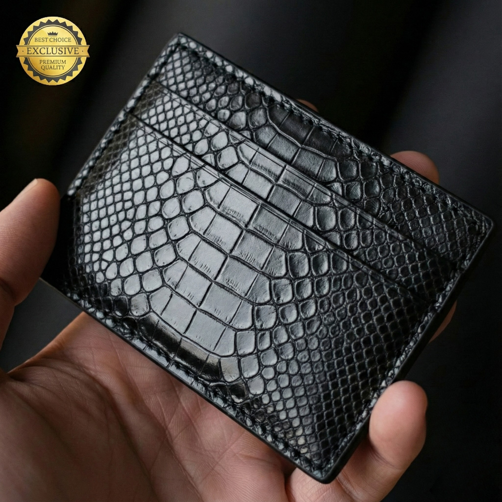 ALDER Hakiki Deri Siyah Kartlık - 5 Bölmeli Yılan Desenli Slim Cüzdan